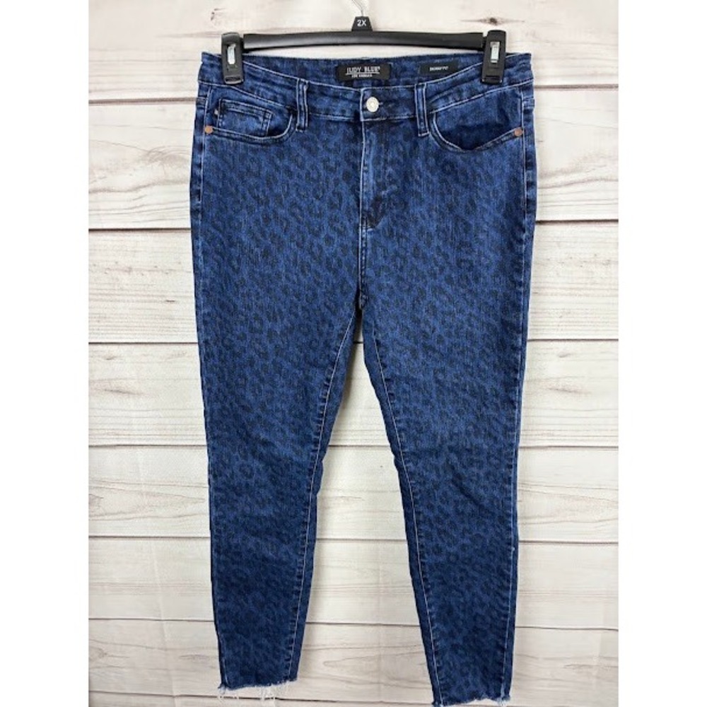 Judy Blue Leopard Print Skinny Jeans Blue Animal Print Raw Hem Size 13/31
